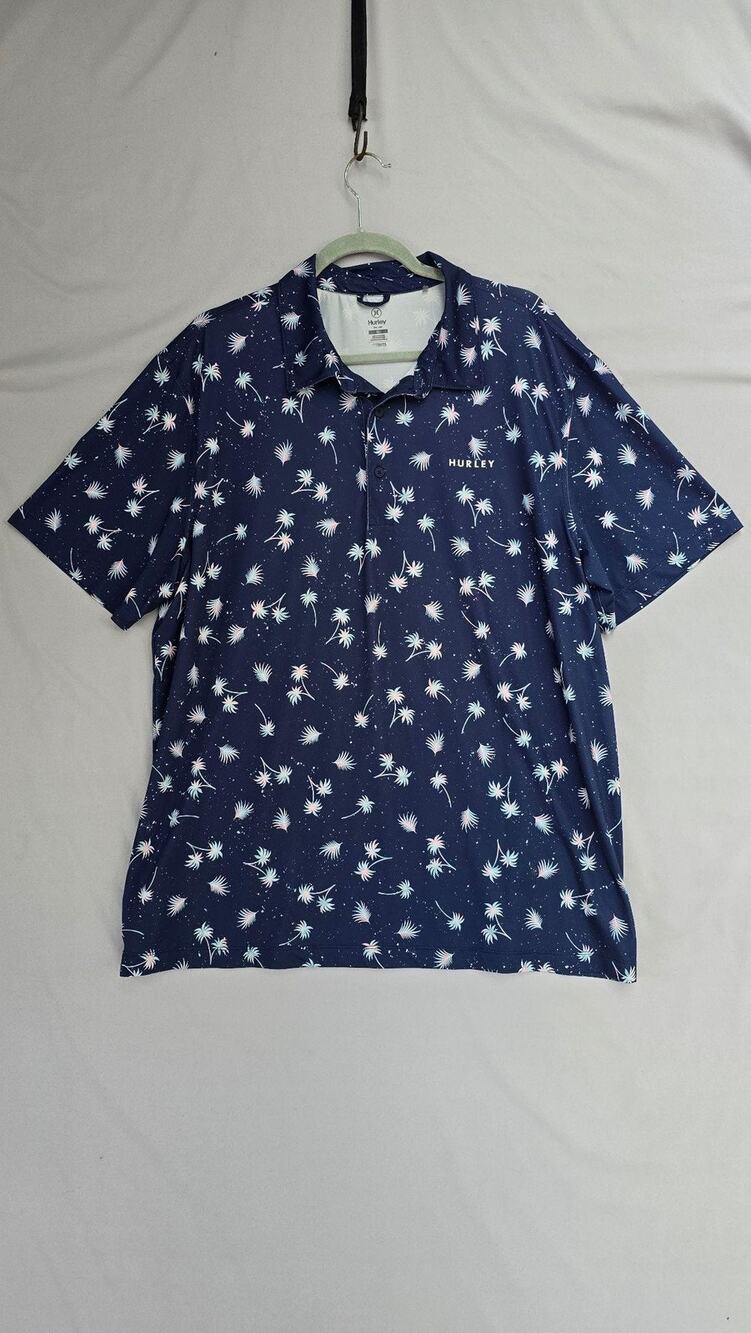 Hurley Polo Shirt Mens XL Blue Tropical Palm Tree Print Stretch Short Sleeve
